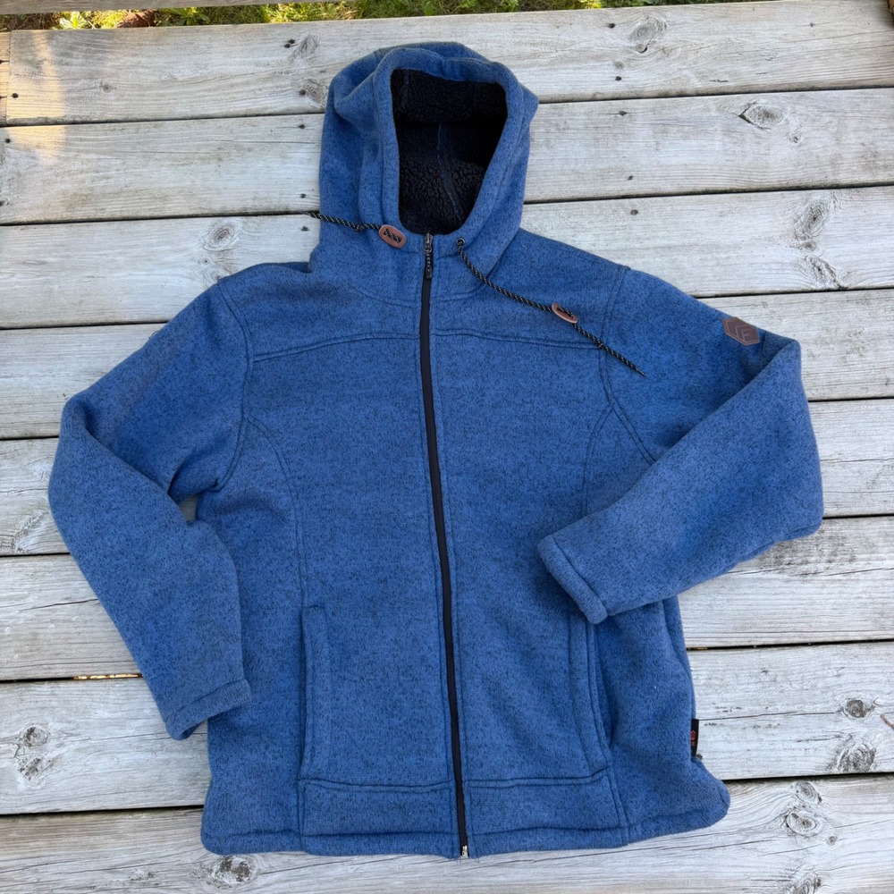 Free Country Womens Blue Sweater Fleece Sherpa Lined Full Zip Hooded Jacket M